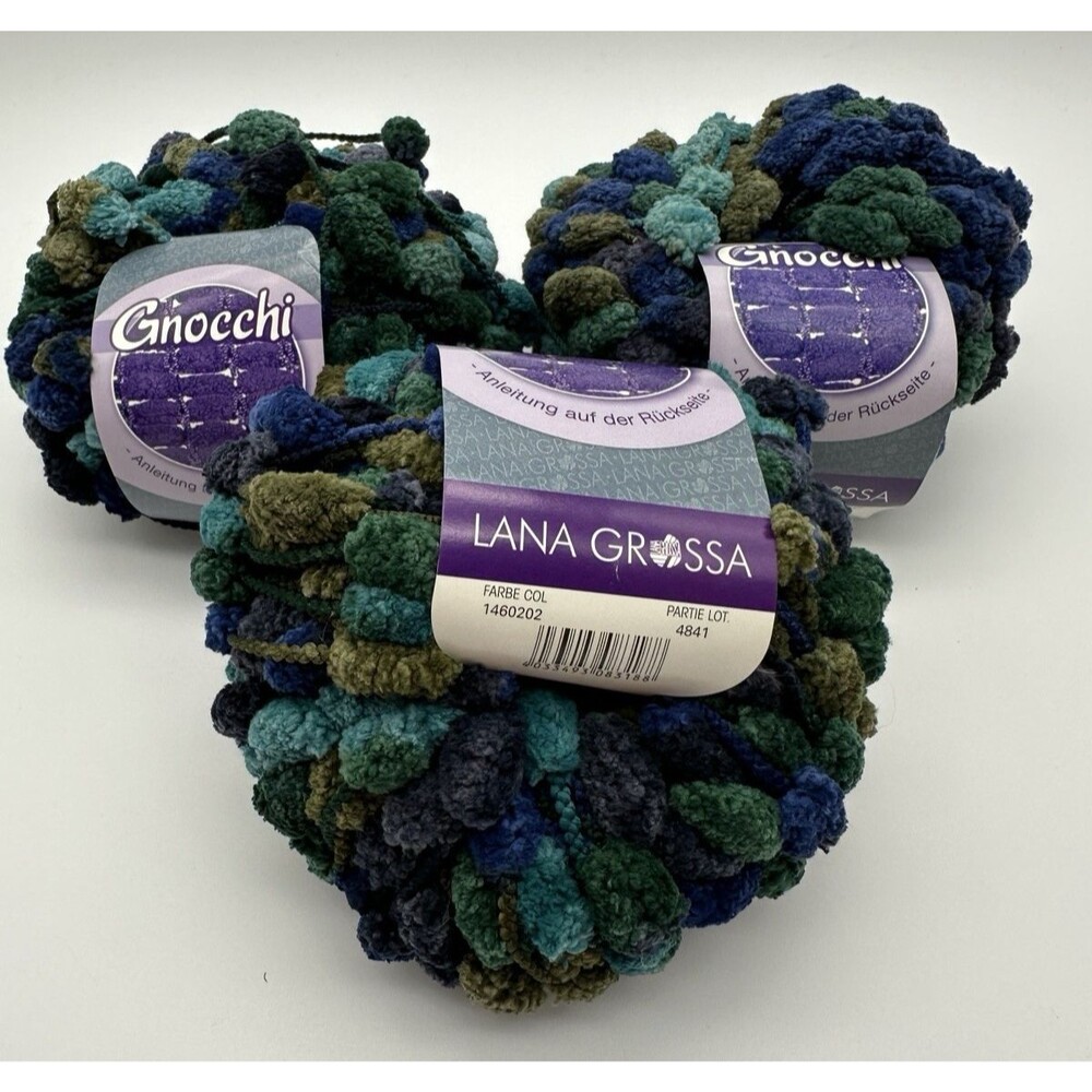 3 Skeins Lana Grossa Gnocchi Yarn 50g Green Blue Pom Pom New Vintage